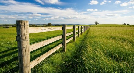 Fototapeta premium A wooden fence with a green field in the background under a blue sky with white clouds.