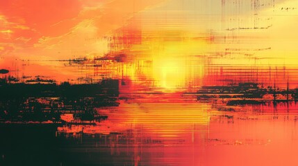 Abstract artwork displaying a vibrant sunset or sunrise with digital noise and glitch effects, creating a dynamic background of warm orange and yellow pixels