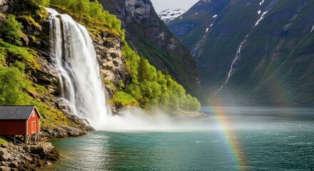 Fototapeta premium A picturesque waterfall cascading down a rocky cliff into a serene fjord with a red cabin in the foreground and a rainbow in the distance.