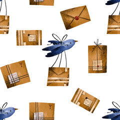 Post bird fly with postal box seamless pattern.  Delivery cartoon  design. Swallow postman. Bird delivering mail. Delivery cartboard box  Delivery and online shopping concept, hand drawn illustration