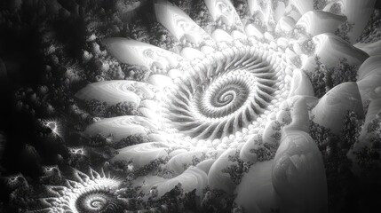 Intricate grayscale fractal spiral forming a three dimensional pattern of light and shadow, evoking infinite geometric growth, organic symmetry, and futuristic mathematical structure