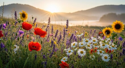 A vibrant meadow filled with wildflowers, including sunflowers, daisies, and lavender, with a mountain range in the background and a sunrise in the sky.