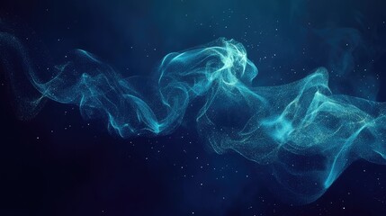 Luminous blue particles flowing dynamically against a dark background, creating an ethereal wave or cloud, representing concepts of data, energy, and digital technology