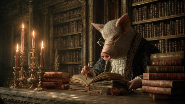 A pig in glasses sits at a desk, writing in a book, illuminated by candles in a vintage library filled with ancient tomes