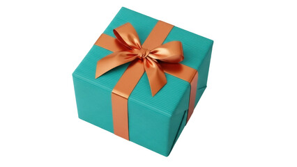 Obraz premium Isolated teal gift box tied with a shiny bronze ribbon and bow, perfect for birthday wishes