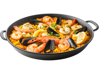 Traditional Spanish seafood paella with shrimp, mussels, and rice served in a pan, isolated on transparent background. Ideal for food menus and culinary promotions.