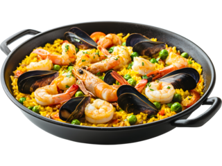 Traditional Spanish seafood paella with shrimp, mussels, and rice served in a pan, isolated on transparent background. Ideal for food menus and culinary promotions.