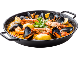 Traditional Spanish seafood paella with shrimp, mussels, and rice served in a pan, isolated on transparent background. Ideal for food menus and culinary promotions.