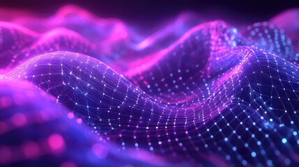 Abstract digital grid structure creating a vibrant wave pattern with interconnected glowing dots and lines, representing data flow, complex systems, and artificial intelligence concepts