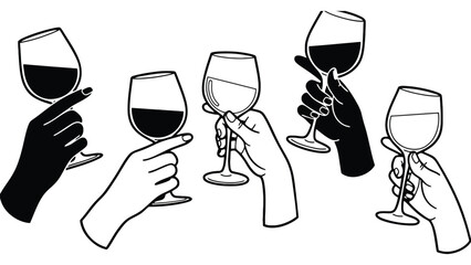 Hands holding wine glasses in various poses and shades