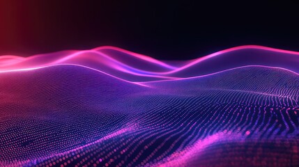 Abstract flowing wave particles create a captivating digital landscape, representing concepts of technology, data, sound, and future innovation with vibrant neon colors