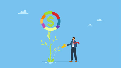 Businessman watering grow plant of investing portfolio pie chart. Investment portfolio, asset allocation to build passive income, wealth management or mutual fund planning, investment growth.