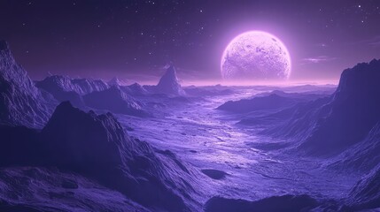 Alien landscape illustrating a surreal, vast, and rugged terrain under a star filled, violet sky with a large, textured purple moon illuminating the horizon