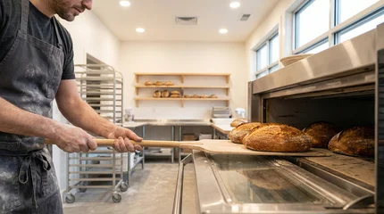 Keuken achterwand Bakkerij Baker in a bakery holding a wooden spatula and preparing fresh bread  © D-stock photo