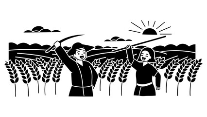 Happy farmers harvesting wheat at sunrise