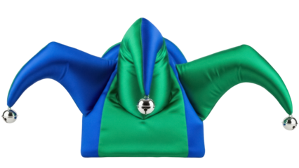 Isolated blue and green jester hat costume with bells, a cheerful harlequin headdress design