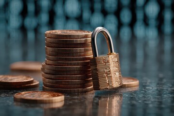 Exploring the intersection of cybersecurity and finance through stacked coins secured with a padlock