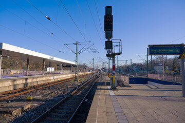 Platform at railway station Frankfurt am Main Stadion on an autumn day. Photo taken November 22nd, 2025, Frankfurt am Main, Germany.