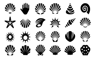 Set of Seashell, Starfish, and Marine Icon Silhouettes, Beach and Ocean Collection