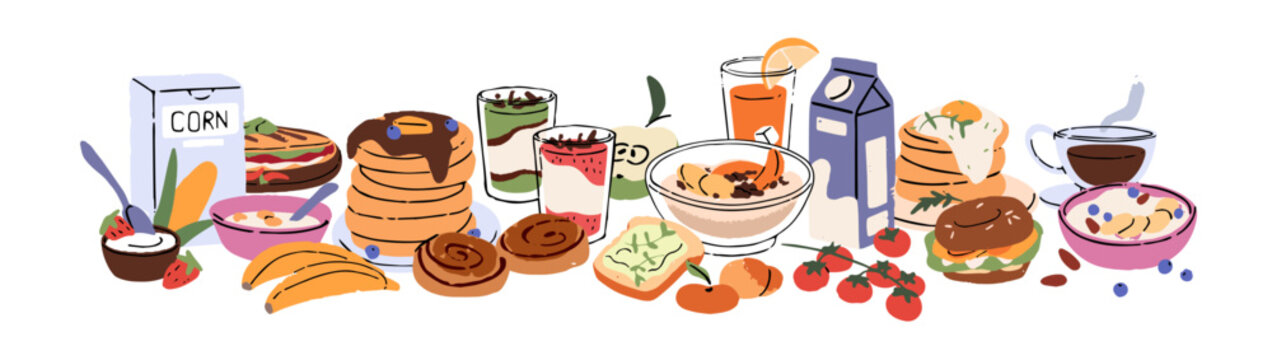 Composition of served for breakfast table. Heap of different meals. Healthy food, fruit, plate of pancakes, cup of coffee, cereals with milk, avocado toast. Flat isolated vector illustration on white