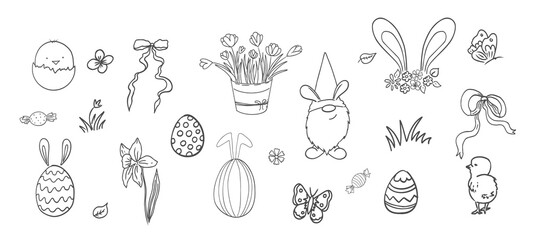 Easter spring basket with flowers, eggs and bows. Chickens, leaves sketchy free hand spring bouquet. Easter cute set. 