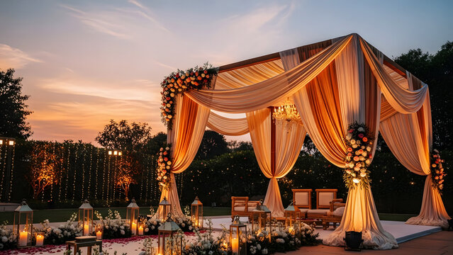 Elegant outdoor wedding canopy at sunset with warm lighting and decorations - Powered by Adobe