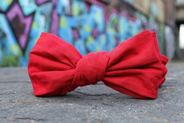 Close up of a red textured bow tie accessory on a rough grey surface with vibrant graffiti art background