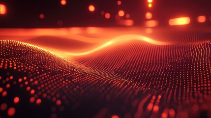 Abstract network of luminous orange and red digital particles forming a fluid wave like structure, representing complex data analytics, ai, and interconnected technology