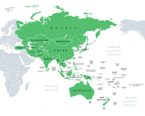 Fototapeta premium Asia-Pacific, or the Indo-Pacific, political map. Countries and territories of a major geopolitical and economic region of the world, adjoining the western Pacific Ocean, highlighted in green. Vector