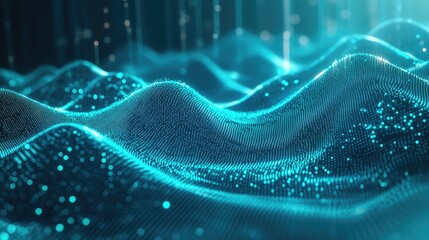 Digital particles forming an abstract undulating grid surface, representing data flow, complex information systems, and advanced technological concepts, with light streams rising upwards