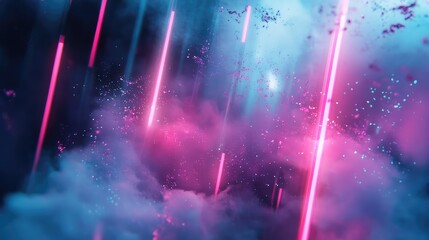 Abstract neon pink and blue light beams illuminating and cutting through dynamic plumes of smoke and mist, creating a futuristic and energetic background with sparkling particles