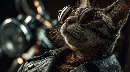 A feline dressed in a leather jacket and sunglasses, exuding cool biker vibes, with motorcycle parts blurred in the background