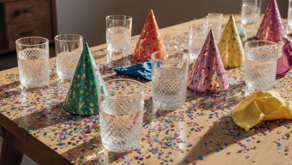 Fototapeta premium Festive Celebration - Party Hats, Glasses, and Confetti on a Table.