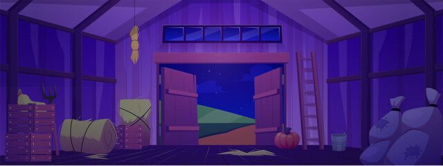 The interior of an old wooden barn at night, with hay, ladder, bucket, boxes, and vegetables. © sabelskaya