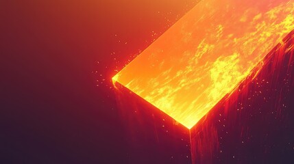 Abstract geometric block emanating intense heat and vibrant orange yellow light, with glowing particles streaming from its surface, creating a powerful and dynamic visual background