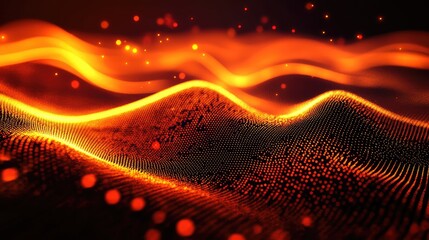 Digital wave surface displaying flowing data points and vibrant energy particles, creating a dynamic visualization of technology, networks, and interconnected systems