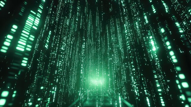 Vibrant green digital data streams forming a futuristic tunnel like matrix, glowing motion of binary lines and code to evoke connectivity, speed, ai and cyberspace visualization - Powered by Adobe