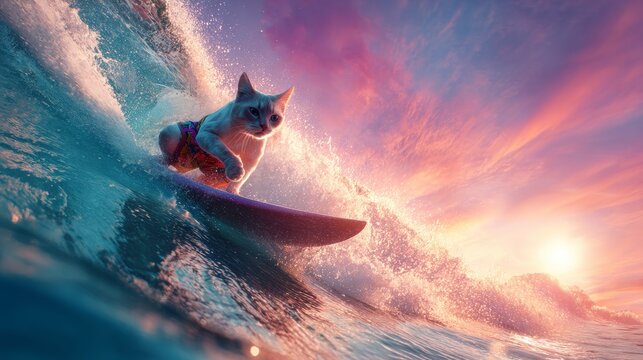 A feline surfs a breaking wave at sunset, wearing swim trunks, water spray, with a colorful sky