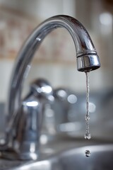Chrome Faucet Dripping Water in Kitchen Close Up Shallow Depth of Field Soft Focus Background