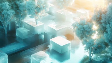 Abstract landscape showing a futuristic icy environment with trees and transparent cubic structures reflecting light, creating a clean science fiction ecosystem