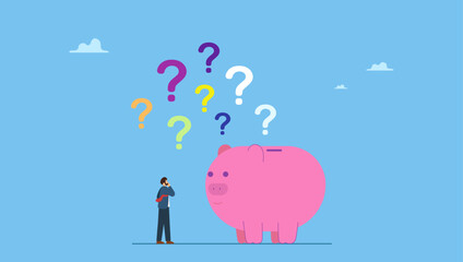 Confused businessman with piggybank and question marks. Finance question or saving problem, doubt or confusion, banking or economic uncertainty, contemplation or money solution, wealth.