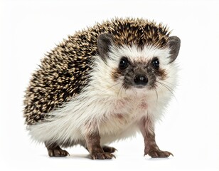 Obraz premium European hedgehog curled up in a compact defensive pose on white