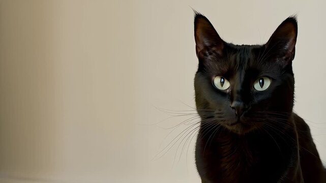 This charming video highlights a striking black cat with mesmerizing green eyes. The cat sits gracefully, showcasing its sleek fur and elegant demeanor, embodying the allure and mystery of feline comp