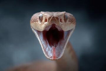 Fototapeta premium Large snake opens mouth widely, displaying its tongue in an intense posture against a blurred background