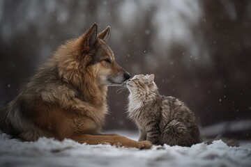 Obraz premium Heartwarming interaction between a dog and a cat enjoying each other's company in a snowy landscape during a quiet winter day