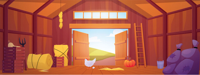 Wooden barn interior, vector cartoon haystack, chicken coop, crop bags, garden tools, farming building, hen with egg © sabelskaya