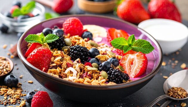 A vibrant breakfast bowl of yogurt topped with granola, fresh berries, and mint in natural light. - Powered by Adobe
