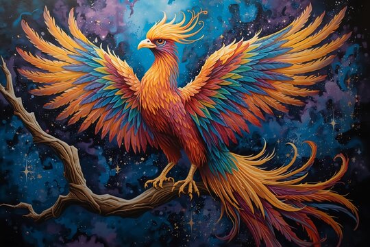 Colorful phoenix bird illustration with vibrant feathers and fantasy art style