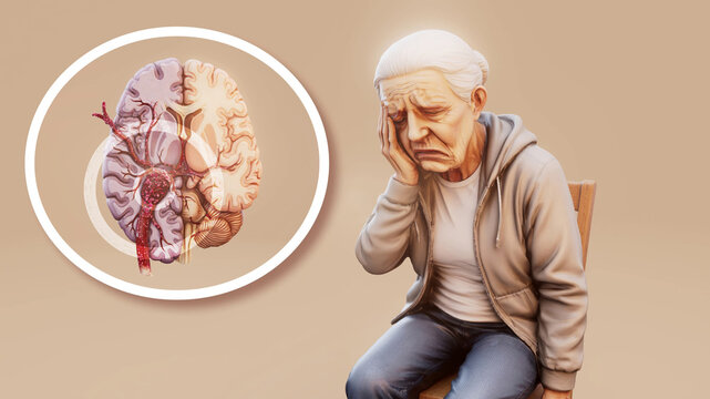 Conceptual 3D illustration of an old lady suffering from a stroke