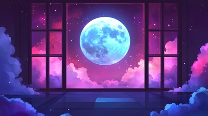 Vibrant full moon illuminating a cosmic starry sky with fluffy clouds, seen from a window with a reflective floor, creating a romantic and ethereal night scene